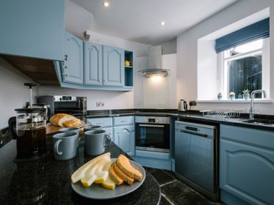 A kitchen with blue cabinets a black countertop coffee press mugs sliced melon oven dishwasher and a window with small plants at Craig Cottage in Bowness-On-Windermere