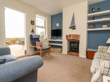 A living room with blue chair a plaid sofa a fireplace and a television at 9 Harefield Cottages in Lympstone