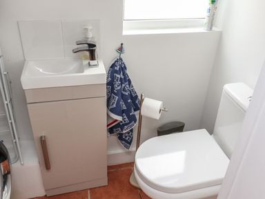A small bathroom with a toilet sink cabinet a towel a toilet paper holder and a window at 9 Harefield Cottages in Lympstone
