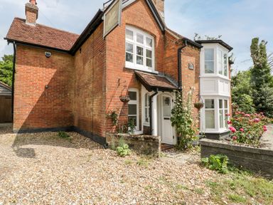 An exterior view of a brick house with white framed windows roses by a stone wall and a gravel driveway at Oakapple Cottage in Swan Green near Lyndhurst