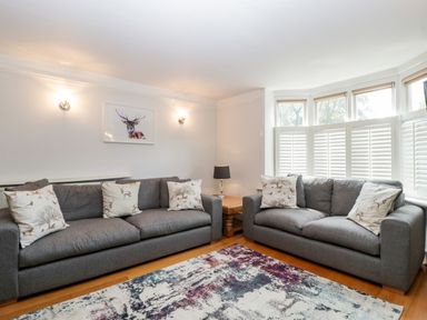 A living room with two gray sofas and decorative pillows a colorful rug and a wooden side table with a lamp at Oakapple Cottage in Swan Green near Lyndhurst