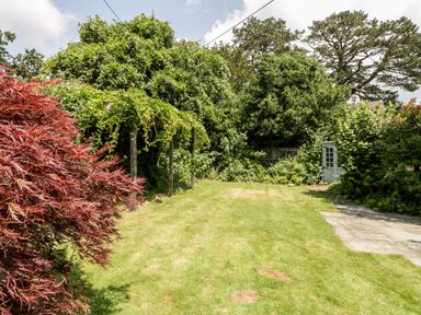 A garden with green grass a wooden pergola covered with climbing plants a light blue door and various trees and shrubs at Oakapple Cottage in Swan Green near Lyndhurst