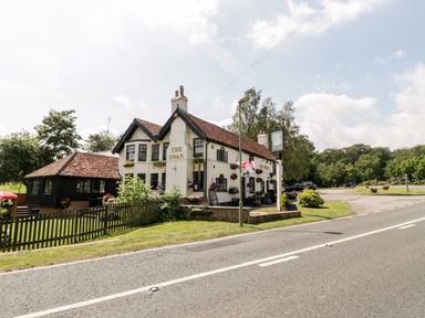 A roadside building with the name The Swan surrounded by greenery and a parking area