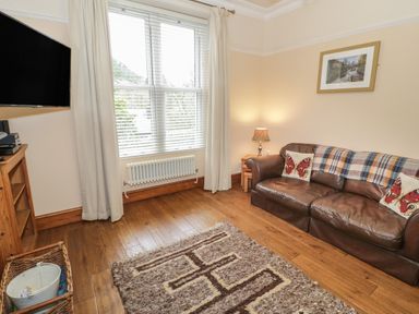 A living room with a brown leather sofa and butterfly cushions a TV on a wooden stand and a window with blinds and curtains at Ty Capel in Betws-Y-Coed
