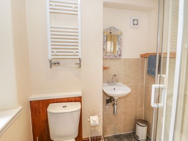 A bathroom with a toilet sink shower and towel rack at Ty Capel in Betws-Y-Coed