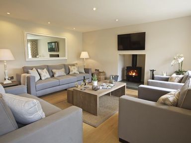 A living room with sofas a wooden coffee table a fireplace and a wall-mounted TV at 3 The Drive Hillfield Village Dartmouth
