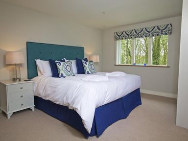 A bedroom with a bed with a blue headboard a white bedside table with a lamp and a window with a patterned curtain at 3 The Drive Hillfield Village in Dartmouth