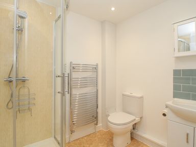 A bathroom with a shower enclosure toilet heated towel rail and a wash basin at Roundham Cottage in West Bay