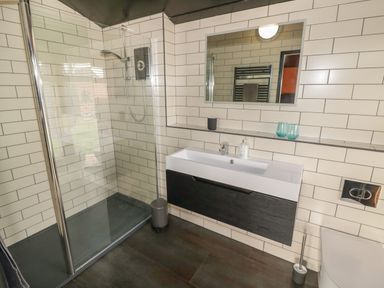 A bathroom with a walk-in shower sink with cabinet mirror and toilet at The Tractor Shed in Lower Broadheath Worcester