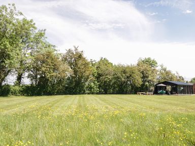 A large grassy field with yellow flowers and trees in the background and a modern glass building to the right at The Tractor Shed in Lower Broadheath Worcester