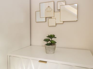 A potted succulent plant on top of a white cabinet below multiple square mirrors on a wall at Seaview Cottage in Salthouse Norfolk