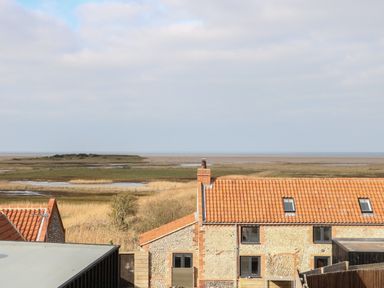 A view of a tiled roof house and grassy marshland leading to the sea at Seaview Cottage in Salthouse Norfolk
