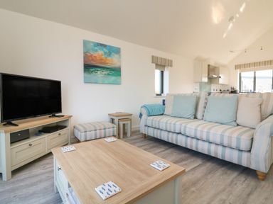 A living room with a striped sofa, wooden coffee table, TV on a stand, and a painting on the wall at Seaquel in Westward Ho