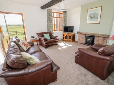 A living room with brown leather sofas a TV on a wooden stand a brick fireplace and windows showing an outdoor field at Manor Farm Cottage Hill Croome near Upton Upon Severn