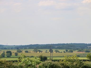 A rural landscape with fields trees and power lines at Spinneys Den in Knapton