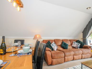 A dining table set with plates glasses and a bottle next to a brown sofa with cushions in a living room at Dart Lodge in Callington