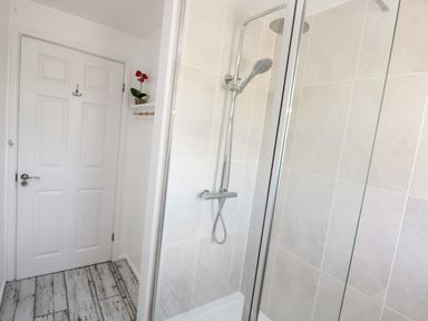 A bathroom with a glass shower enclosure white door and a small shelf with a red flower pot at Rock Pool House in Porthleven