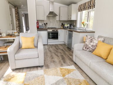 A living area with armchair and sofa with yellow cushions and a kitchen with white cabinets at Dove Lodge Highampton near Sheepwash