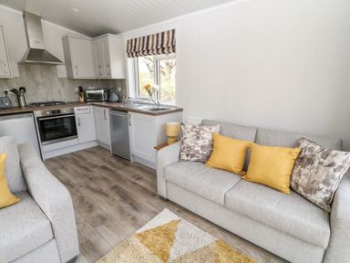 A kitchen and living area with gray sofas yellow and patterned cushions and wooden floor at Dove Lodge in Highampton near Sheepwash
