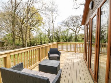 An outdoor wooden deck with black wicker chairs and a table surrounded by trees at Dove Lodge in Highampton near Sheepwash