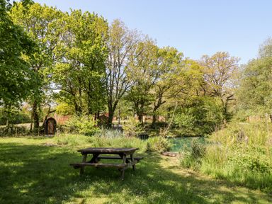 A picnic table on grass near a small pond with trees in the background at Dove Lodge in Highampton near Sheepwash