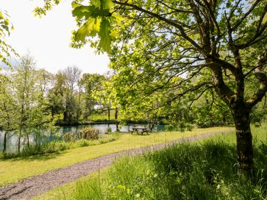 A gravel path beside a lake with green grass trees and a picnic bench at Dove Lodge in Highampton near Sheepwash