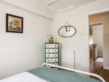 A bedroom with a white metal bed frame and green chest of drawers with a plant on top at Plas Coch Rhoscolyn in Rhoscolyn