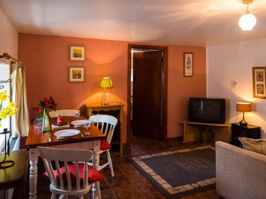 A dining table with three chairs and tableware in a living room with a television and lamps at The Stable in Fethard-On-Sea County Wexford