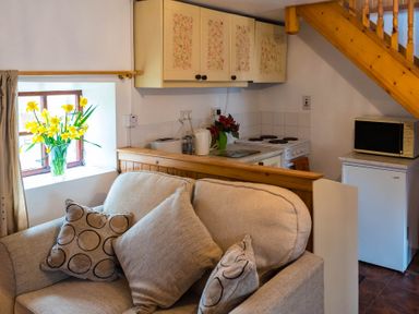 A small kitchen area with a stove microwave fridge and cabinets next to a beige sofa with cushions and a window with yellow flowers at The Stable in Fethard-On-Sea County Wexford