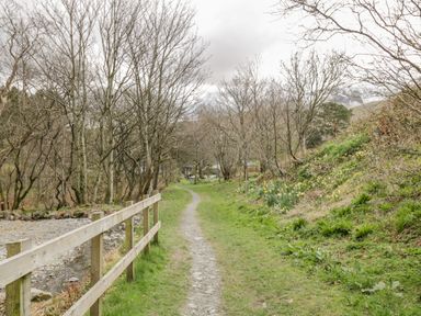 A narrow gravel path with a wooden fence on one side and trees and grass on both sides at Sparrow Cottage in Keswick