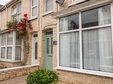 The exterior of a brick house with a green front door red flowers on a trellis and white framed windows with curtains at Daisy Cottage in Bideford
