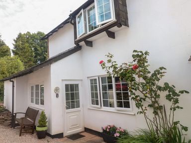 Exterior of a white house with windows a door a bench and flowers at Rose Cottage in Marldon