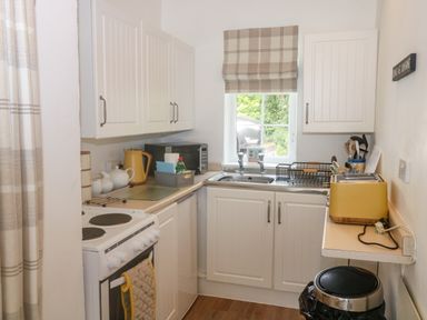 A small kitchen with white cabinets a stove microwave toaster sink and window at Rose Cottage in Marldon