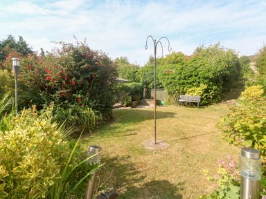 A garden with a grass lawn surrounded by bushes a metal bench and garden lights at Rose Cottage in Marldon