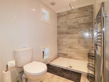 A bathroom with a toilet a walk in shower with glass partition and a towel rack at Fonthill in Torquay