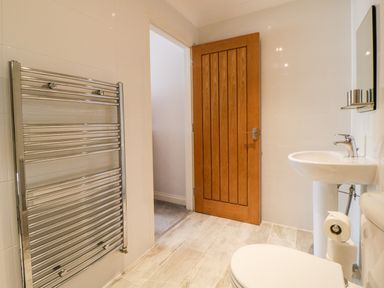 A bathroom with a wooden door a towel radiator a pedestal sink a mirror and a toilet at Fonthill in Torquay