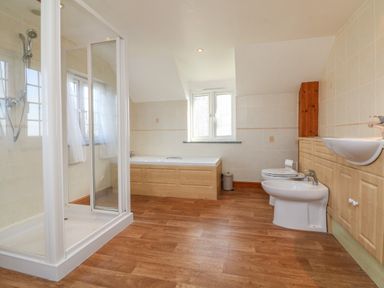 A bathroom with a shower enclosure bathtub bidet toilet and sink with wooden cabinets at The Linhay in Holsworthy