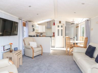 A living room with armchairs a sofa television and a small dining area with table and chairs at 109 Pentney Lakes Pentney near King's Lynn