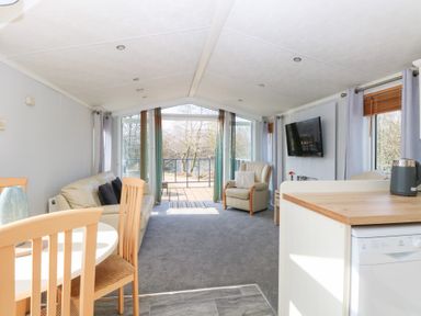 A living room with a sofa, armchair, dining table, wall-mounted television, and glass doors opening to a balcony at 109 Pentney Lakes Pentney near King's Lynn