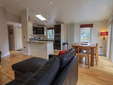 An open-plan living area with a black leather sofa wooden dining table with chairs kitchen cabinets and appliances at Oakwood Lodge Langdale 3 White Cross Bay Windermere