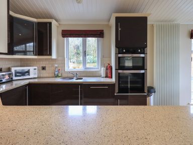 A kitchen with dark cabinets a double oven a microwave toaster and a window above the sink at Oakwood Lodge in Langdale 3 White Cross Bay Windermere