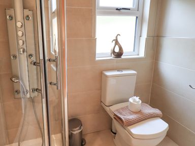 A bathroom with a toilet towel and toilet paper by a window and a shower with glass doors at Oakwood Lodge Langdale 3 White Cross Bay Windermere