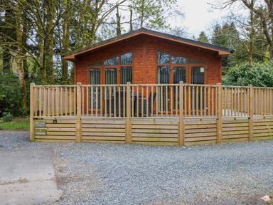 A wooden lodge with a fenced deck and outdoor furniture surrounded by trees at Oakwood Lodge Langdale 3 White Cross Bay Windermere