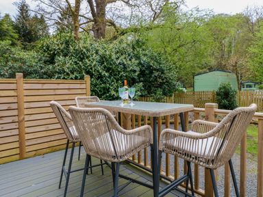 An outdoor patio with a glass table and four wicker chairs surrounded by trees and wooden fences at Oakwood Lodge Langdale 3 White Cross Bay Windermere