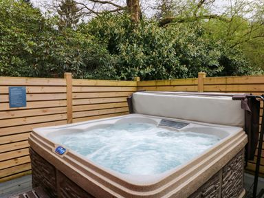 An outdoor hot tub with bubbling water surrounded by a wooden fence and trees at Oakwood Lodge Langdale 3 White Cross Bay Windermere