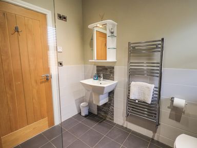 A bathroom with a wooden door sink with a mirror and shelf heated towel rail and toilet roll holder at Lakeland View Lodge Beckside 2 Limefitt Park near Windermere