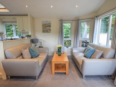 A living room with two gray sofas facing each other and a wooden coffee table in between at Acorn Bank Lodge L 55 Fallbarrow Park near Bowness-On-Windermere
