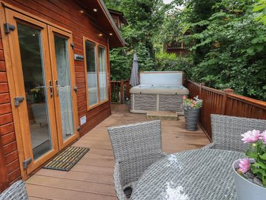 A wooden deck with a hot tub a wicker table and chairs and potted flowers at Acorn Bank Lodge L 55 Fallbarrow Park near Bowness-On-Windermere