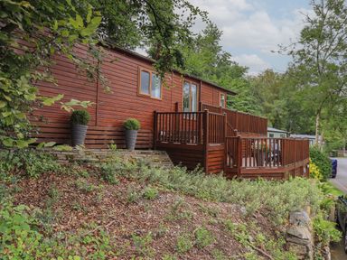 A wooden lodge with a deck and potted plants on a sloped ground at Acorn Bank Lodge L 55 Fallbarrow Park near Bowness-On-Windermere