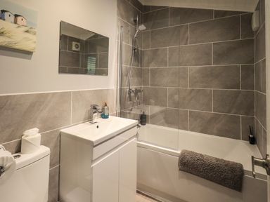 A bathroom with a bathtub and shower, a sink with a cabinet, a toilet, and a wall mirror at Acorn Bank Lodge L 55 Fallbarrow Park near Bowness-On-Windermere